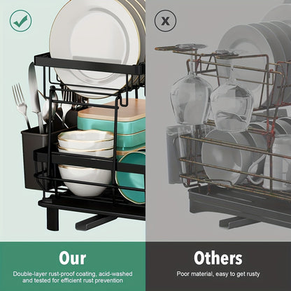 2-Tier Dish Drying Rack with Drainboard & Removable Utensil Holder – Large Capacity Dish Rack for Kitchen Counter, Sink-Side Drying Rack for Dishes, Cookware & Utensils – Space-Saving Design