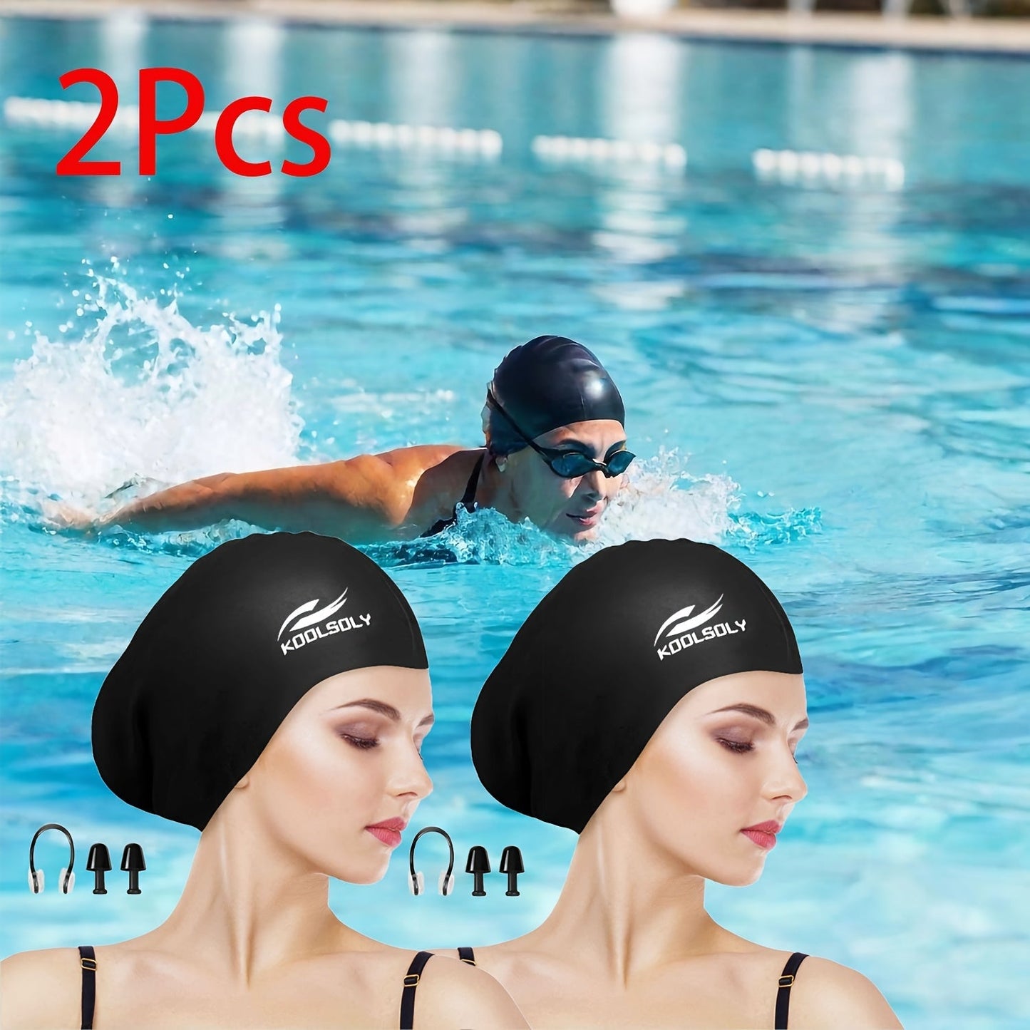 Silicone Swimming Cap 2 Pack with Ear Protection for Long Hair – Includes Earplugs & Nose Clip, Waterproof Swim Cap Set, 11 Color Options for Women Men Adults