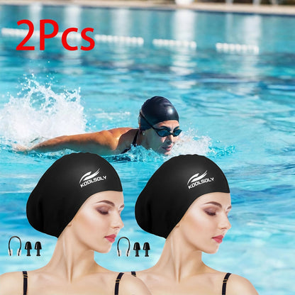Silicone Swimming Cap 2 Pack with Ear Protection for Long Hair – Includes Earplugs & Nose Clip, Waterproof Swim Cap Set, 11 Color Options for Women Men Adults