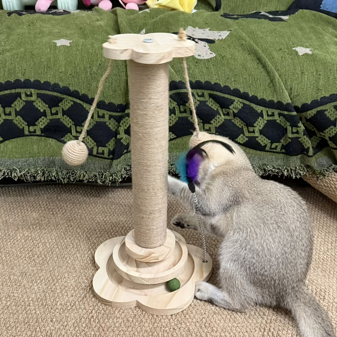 Multi-Level Cat Scratching Post Premium Sisal with 6 Wooden Toy Balls 2 Hanging Balls 2 Feather Teaser Toys Non-Slip Base Interactive Cat Tree for Indoor Cats Kittens