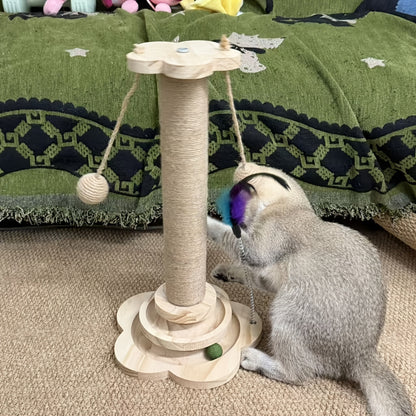 Multi-Level Cat Scratching Post Premium Sisal with 6 Wooden Toy Balls 2 Hanging Balls 2 Feather Teaser Toys Non-Slip Base Interactive Cat Tree for Indoor Cats Kittens