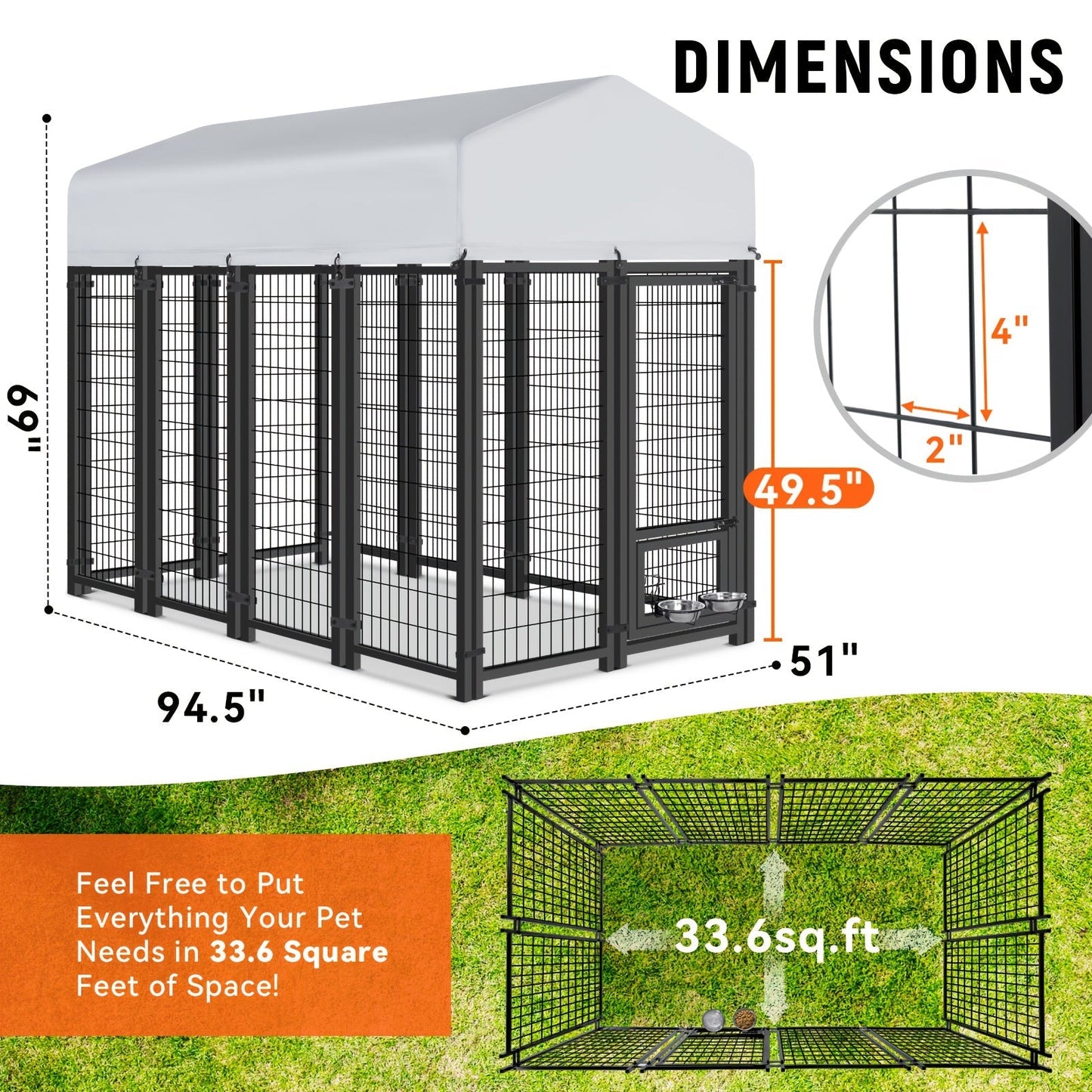 Large Dog Enclosure Outdoor Heavy Duty Welded Wire Steel Dog Playpen with UV-Resistant Roof Cover, Secure Lock Pet Pen Fence for Big Dogs Outside Exercise Play Area
