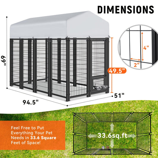 Large Dog Enclosure Outdoor Heavy Duty Welded Wire Steel Dog Playpen with UV-Resistant Roof Cover, Secure Lock Pet Pen Fence for Big Dogs Outside Exercise Play Area