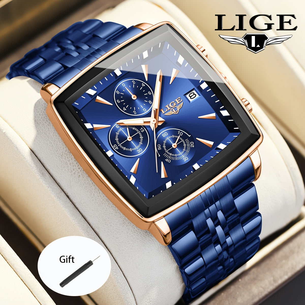 LIGE Men's Square Analog Quartz Watch – Stainless Steel Strap Calendar Display, Preppy Sport Fashion Wristwatch for Men Teens, 8 Color Options, Birthday Graduation Gift Blue Black Gold