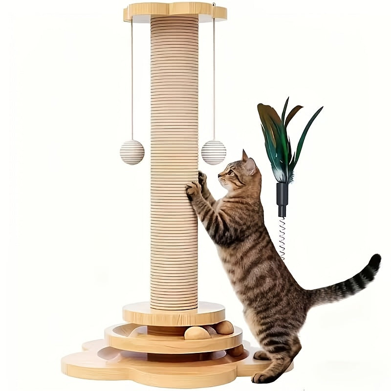 5-in-1 Wooden Cat Scratching Post Toy for Indoor Cats Tall Sisal Post 2-Level Track Ball Interactive Feather Toy Hanging Balls Cat Furniture for Kittens Adults