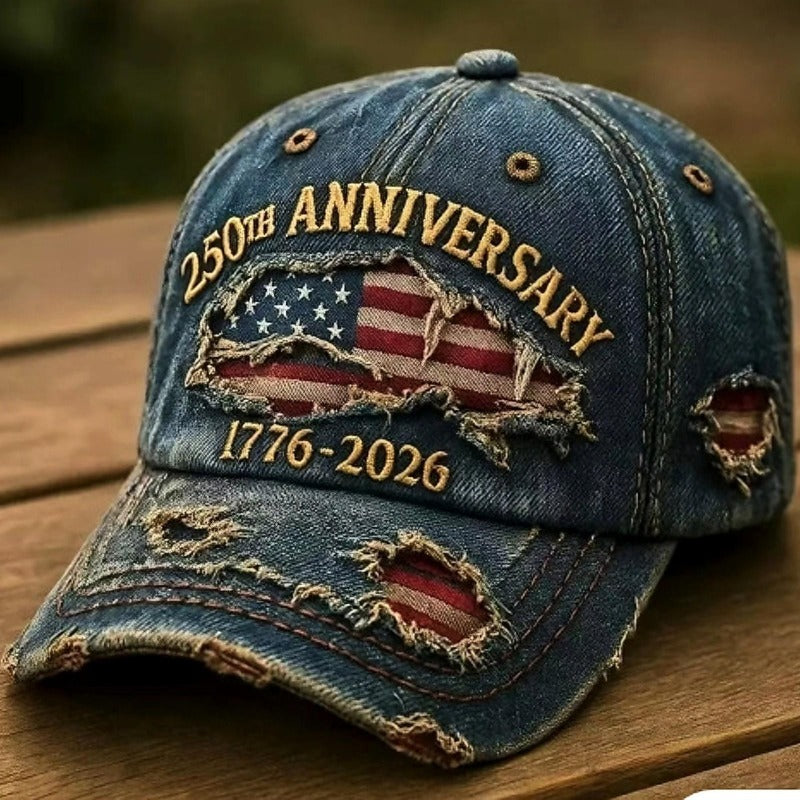 Patriotic Embroidered Distressed Denim Baseball Cap & Wristband Set – USA 250th Anniversary Independence Day Gift, American Flag Theme, Adjustable Unisex Hat for 4th of July Celebrations