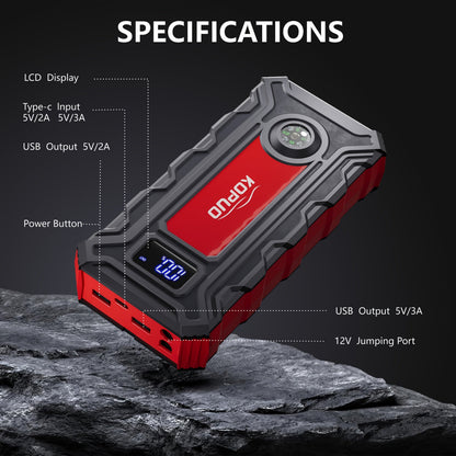 5000A/6000A Portable Car Jump Starter – 12V Battery Booster Pack for Gas & Diesel Vehicles, 65W Fast Charge Power Bank, LED Flashlight & LCD Display, Compact Emergency Jump Box