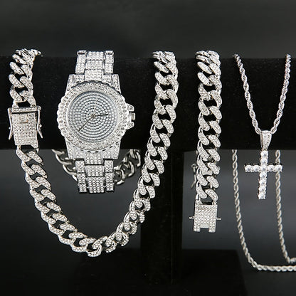 4-Piece Men's Punk Jewelry Set Quartz Watch Cuban Chain Necklace Bracelet and Cross Necklace with Rhinestone Details Hip Hop Style Gift for Men