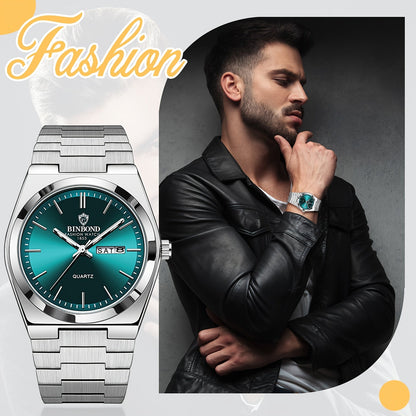 Men's Stainless Steel Quartz Watch – Luminous Dial, Date Calendar, Analog Business Wristwatch for Men, Classic Round Face, Solid Steel Band, Multiple Colors Available