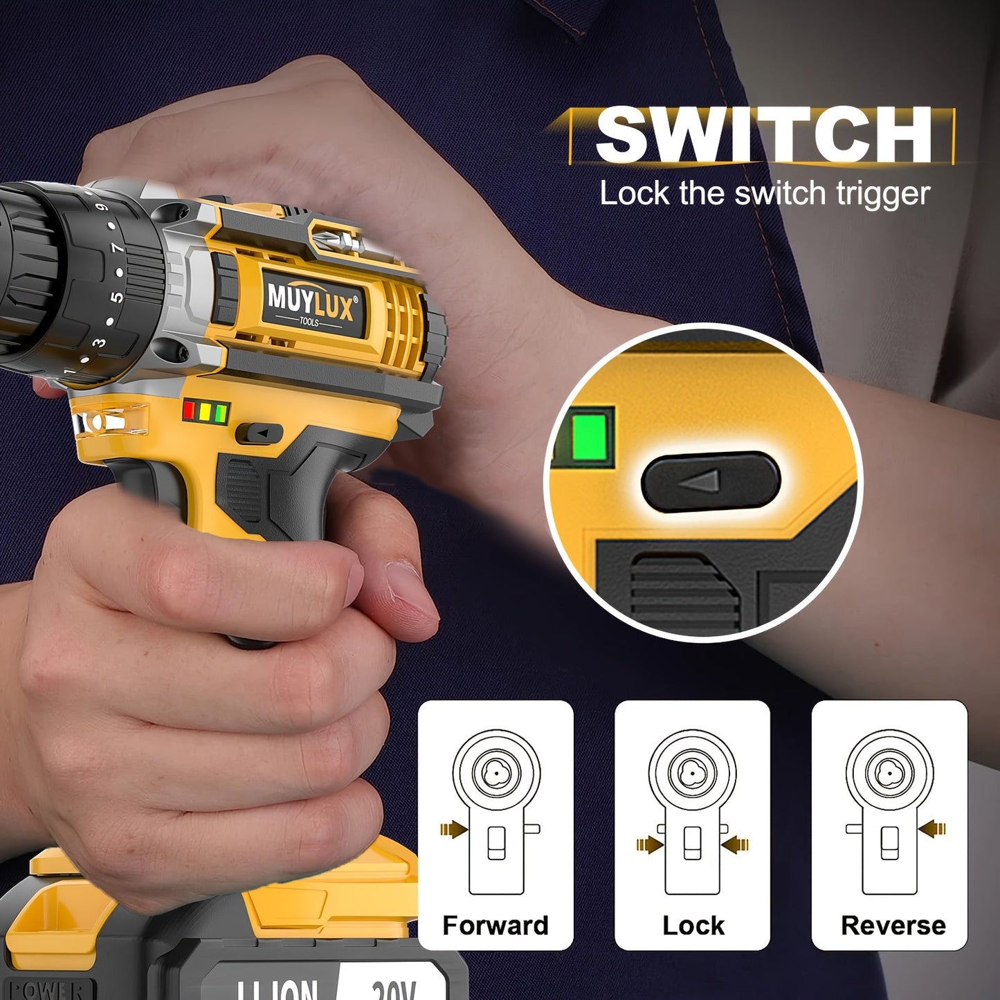 20V Cordless Drill Set with Battery & Fast Charger – Impact Power Drill, 45Nm Torque, 3/8" Keyless Chuck, 18+3 Clutch, 2-Speed, LED Work Light for Home & DIY