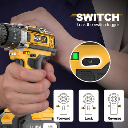 20V Cordless Drill Set with Battery & Fast Charger – Impact Power Drill, 45Nm Torque, 3/8" Keyless Chuck, 18+3 Clutch, 2-Speed, LED Work Light for Home & DIY