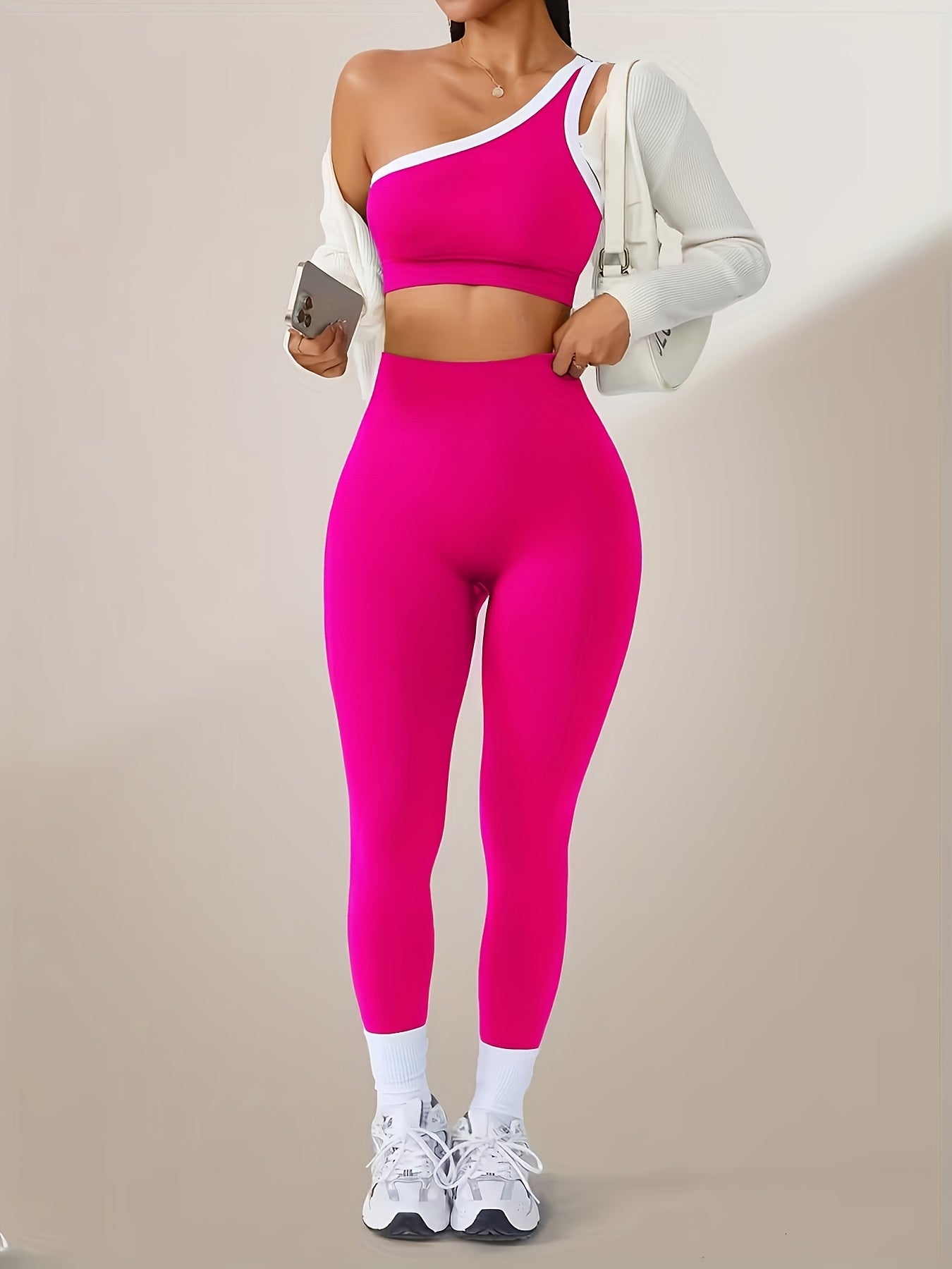 Women's 2-Piece High-Waisted Butt-Lifting Leggings & Sports Bra Set – 90% Polyamide Stretchy Minimalist Yoga Running Workout Outfit with Camisole Top, Solid Color, S-XL