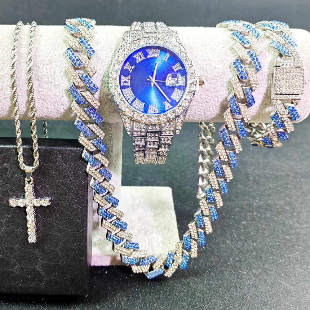 Luxury Cuban Link Jewelry Set for Men & Women – Necklace, Bracelet, Pendant & Wristwatch Full Set, Multiple Colors, Perfect Valentine’s Day, Christmas & Birthday Gift