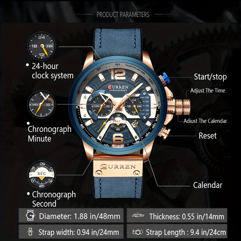 CURREN Men's Chronograph Watch Business Quartz Analog Wrist Watch with Date Display, Tachymeter Bezel & Faux Leather Strap – Stylish Dress Watch for Men in 5 Colors