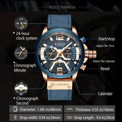 CURREN Men's Chronograph Watch Business Quartz Analog Wrist Watch with Date Display, Tachymeter Bezel & Faux Leather Strap – Stylish Dress Watch for Men in 5 Colors