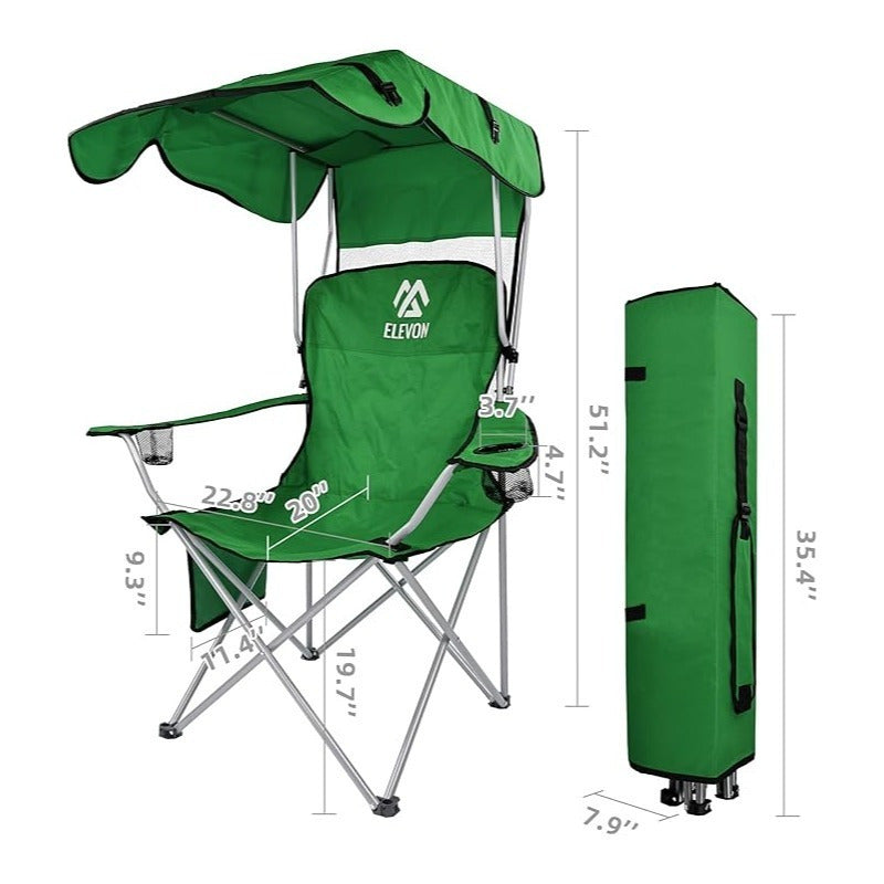 Folding Camping Chair with Tilting Canopy Sunshade – 225LBS Capacity, 22.8" Wide Seat, Mesh Cup Holder & Carry Bag, Portable Beach Lawn Chair for Camping, Hiking & Outdoor Events – 9 Color Options