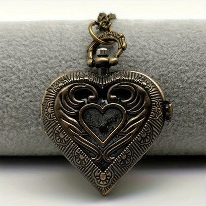 Silver Heart-Shaped Hollow Pendant Pocket Watch Necklace for Women - Elegant Quartz Locket Watch Stainless Steel Vintage Charm Jewelry, Perfect Mother's Day Valentine's & Birthday Gift