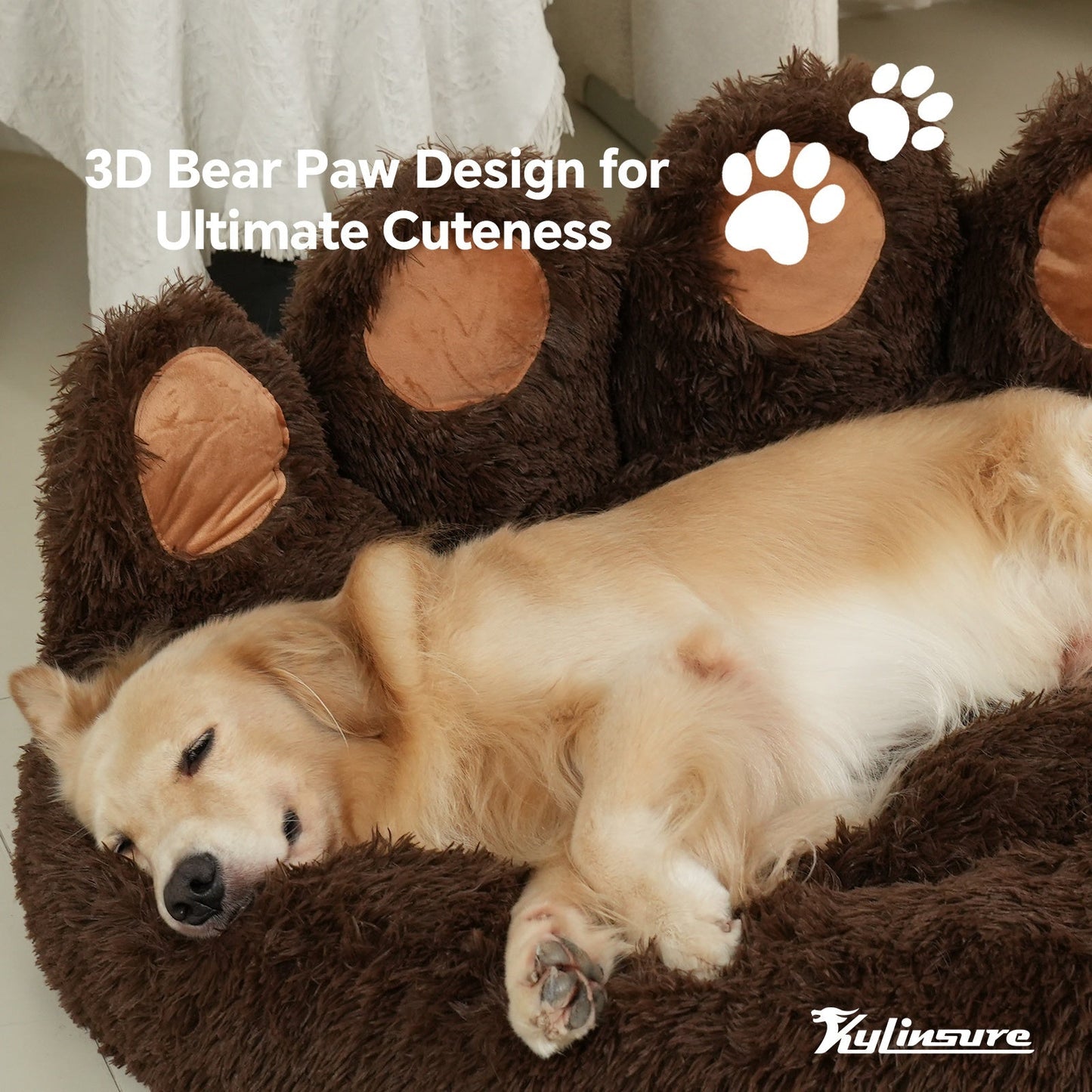 Bear Paw Shaped Donut Dog & Cat Bed Calming Warm Soft Plush Cushion Coffee Color with Pet Scarf – S to XXL Sizes