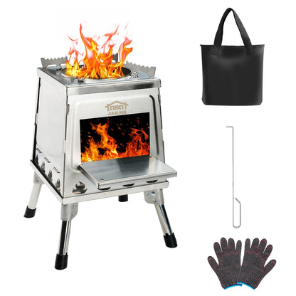 Portable Wood Burning Camp Stove – Compact Foldable Backpacking Stove for Hiking, Camping, Picnic & BBQ, No Fuel Canisters Needed, Smokestack Option, Black Green or Stainless Steel