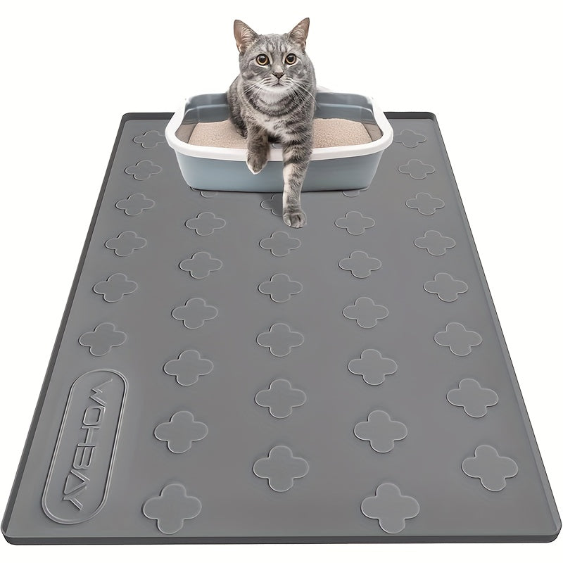 XXL Silicone Cat Litter Mat 3-in-1 – Washable Non-Slip Floor Protector with Raised Edges, Traps Litter, Kibble & Crumbs, Foldable Pet Feeding Mat for Cats, 34x22 Inch, Light Grey & Dark Gray