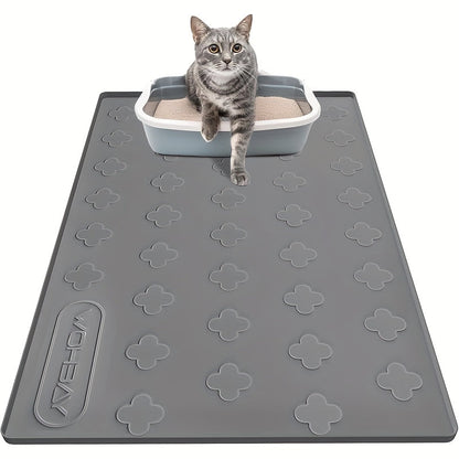 XXL Silicone Cat Litter Mat 3-in-1 – Washable Non-Slip Floor Protector with Raised Edges, Traps Litter, Kibble & Crumbs, Foldable Pet Feeding Mat for Cats, 34x22 Inch, Light Grey & Dark Gray