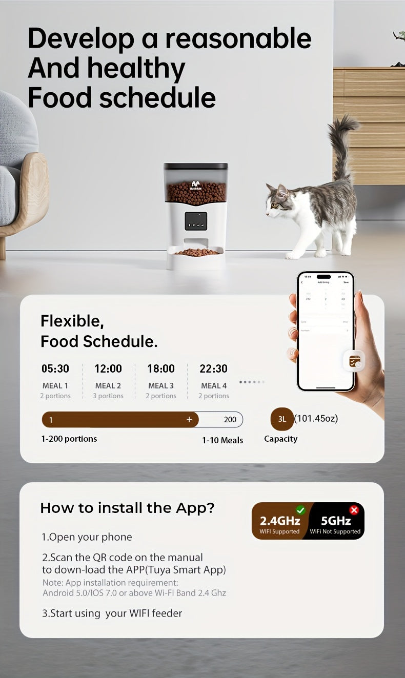Smart WiFi Cat Feeder 3L Automatic Pet Food Dispenser with App Control – Up to 10 Meals Per Day, Camera & Voice Assistant Compatible, USB-Powered, Remote Monitoring for Cats & Dogs