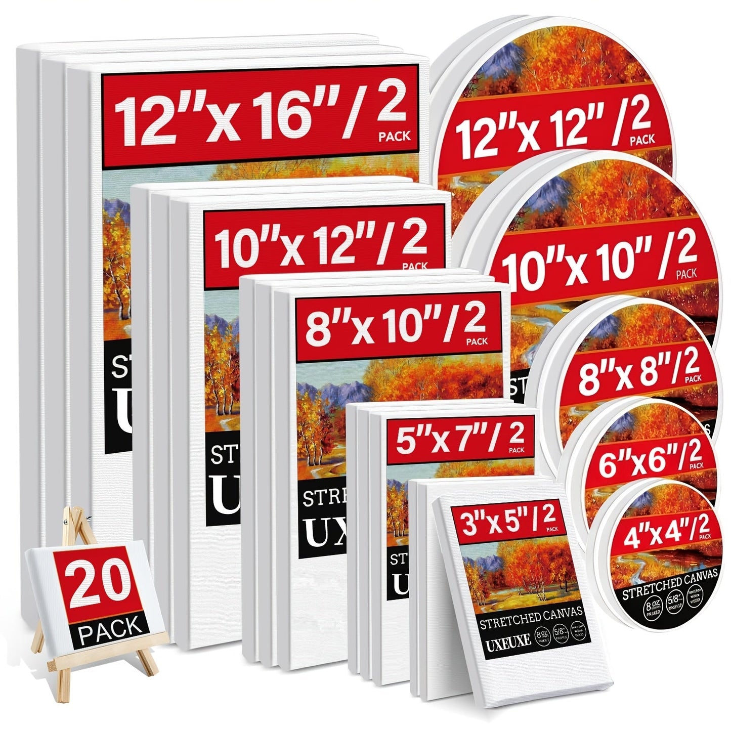 Stretched Canvas Multi-Pack Primed White 100% Cotton – Round Rectangular and Square Sets in 10 15 and 20 Pieces – Artist Canvas Boards for Acrylic Oil Painting Pouring and Mixed Media