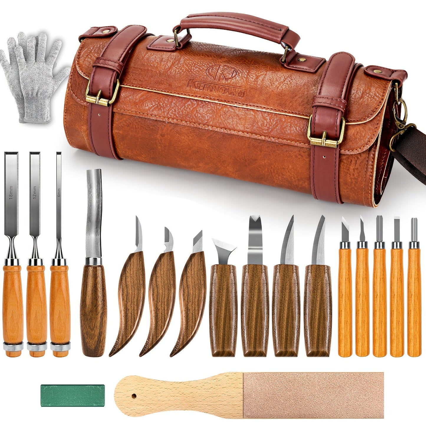 Wood Carving Knife Set PU Case 15-23 Piece Whittling Kit Chisel Hook Detail Geometric Knife Safety Gloves Leather Strop Basswood Block Art Craft Gift