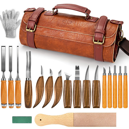 Wood Carving Knife Set PU Case 15-23 Piece Whittling Kit Chisel Hook Detail Geometric Knife Safety Gloves Leather Strop Basswood Block Art Craft Gift