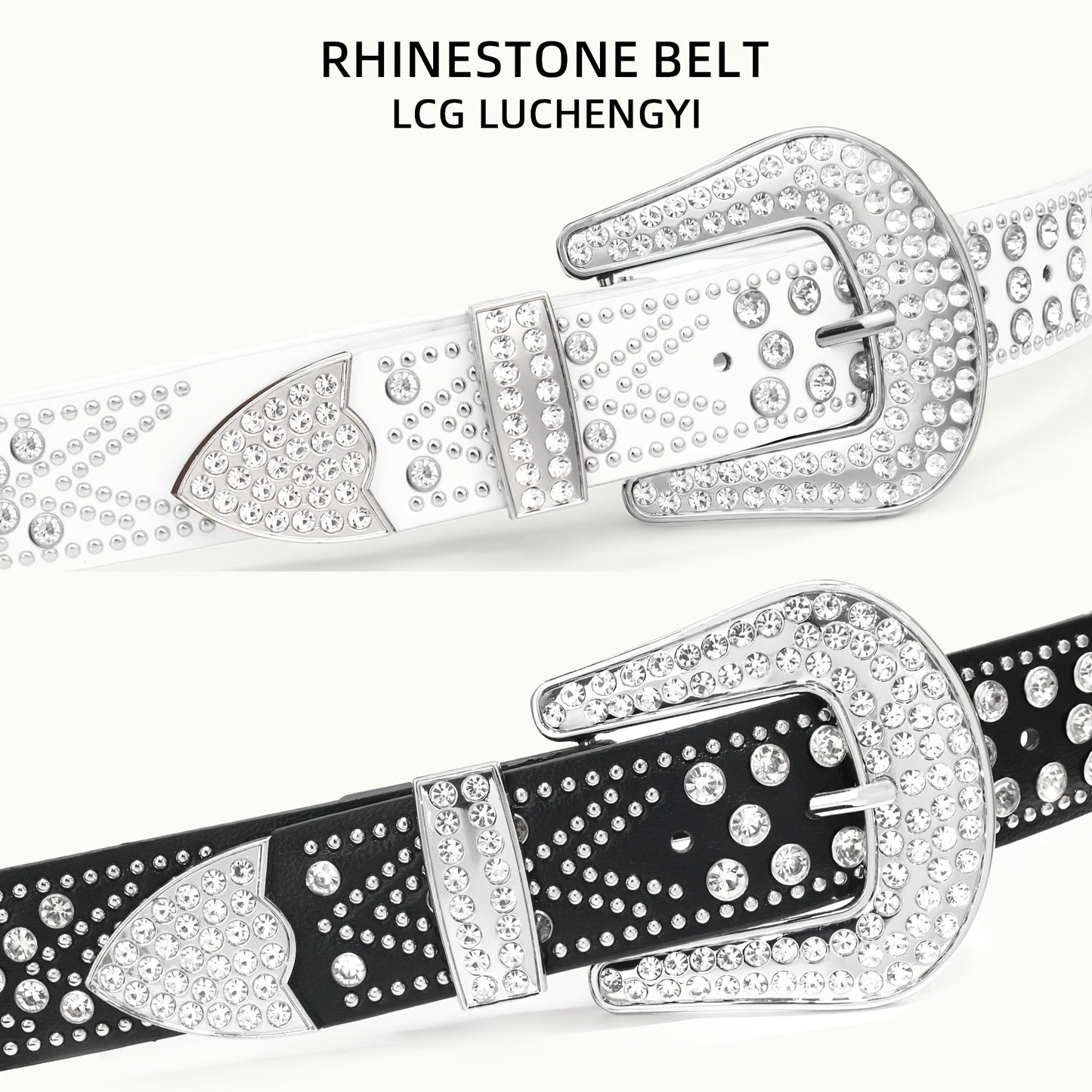 Studded Rhinestone Belt for Men & Women – Bling Y2K Western Cowboy Cowgirl Faux Leather Belt with Gold Metal Buckle, Punk Style, Sizes 28–44
