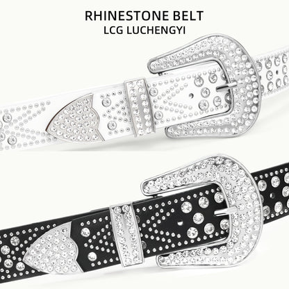 Studded Rhinestone Belt for Men & Women – Bling Y2K Western Cowboy Cowgirl Faux Leather Belt with Gold Metal Buckle, Punk Style, Sizes 28–44