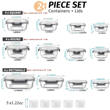 24pcs Glass Food Storage Containers with Lids – 12 Containers + 12 Lids, Leak-Proof Meal Prep Bento Boxes, Oven Microwave Dishwasher Safe, Stackable Kitchen Lunch Containers, Grey