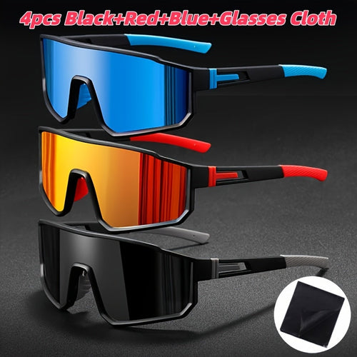Mirrored Sports Sunglasses Set 3-4pcs for Men Women – PC Polycarbonate Lens Durable Frame Fashion Glasses, Includes Cleaning Cloth, Unisex Outdoor Eyewear for Cycling Driving Festival Daily Wear
