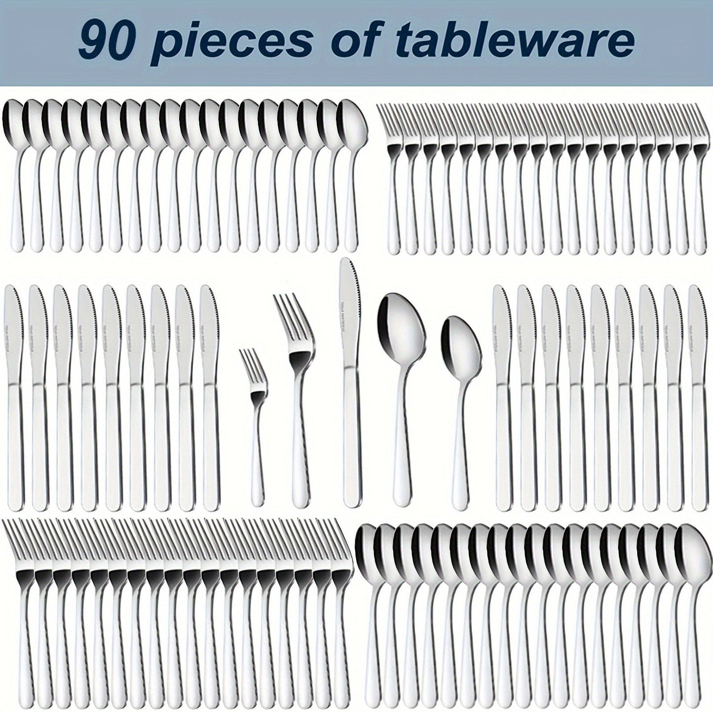 Stainless Steel Flatware Set 60/90 Piece – Silverware for 12-18 People with Gift Box, Steak Knives Salad Forks Dessert Spoons, Dishwasher Safe, for Home Wedding Camping Party Halloween