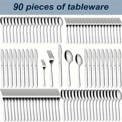 Stainless Steel Flatware Set 60/90 Piece – Silverware for 12-18 People with Gift Box, Steak Knives Salad Forks Dessert Spoons, Dishwasher Safe, for Home Wedding Camping Party Halloween