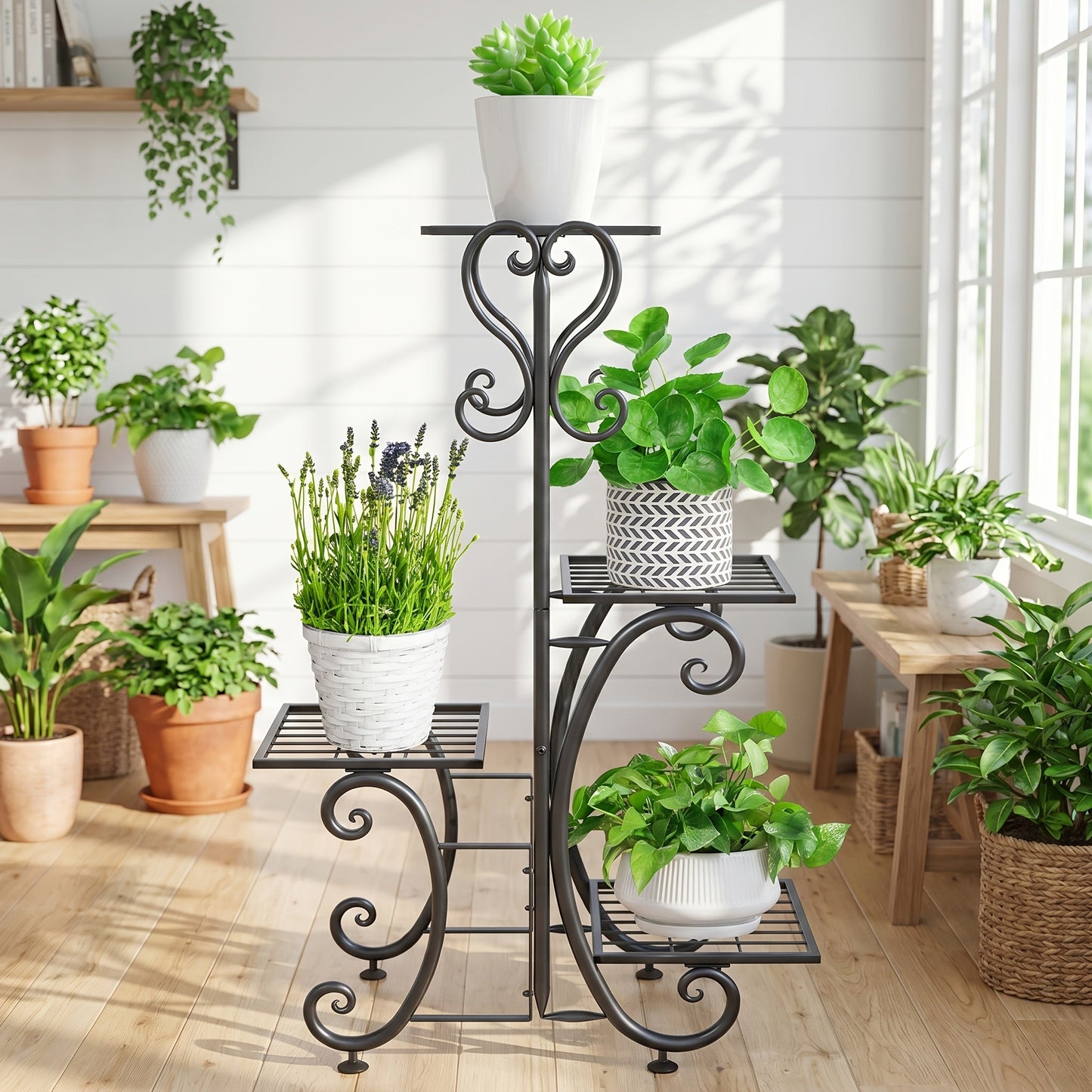 4 Tier Metal Plant Stand Indoor Outdoor Wrought Iron Corner Flower Pot Holder Display Rack Organizer for Garden Patio Balcony Lawn Office Planter Shelf Black