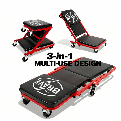 36 Inch Heavy Duty 3-in-1 Folding Mechanic Creeper with Adjustable Z-Seat - 6 Lockable Swivel Casters, 350-650 Lb Capacity, Vinyl Padded Seat & Headrest, Professional Automotive Repair Crawler