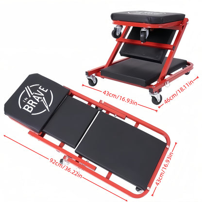 36 Inch Heavy Duty 3-in-1 Folding Mechanic Creeper with Adjustable Z-Seat - 6 Lockable Swivel Casters, 350-650 Lb Capacity, Vinyl Padded Seat & Headrest, Professional Automotive Repair Crawler
