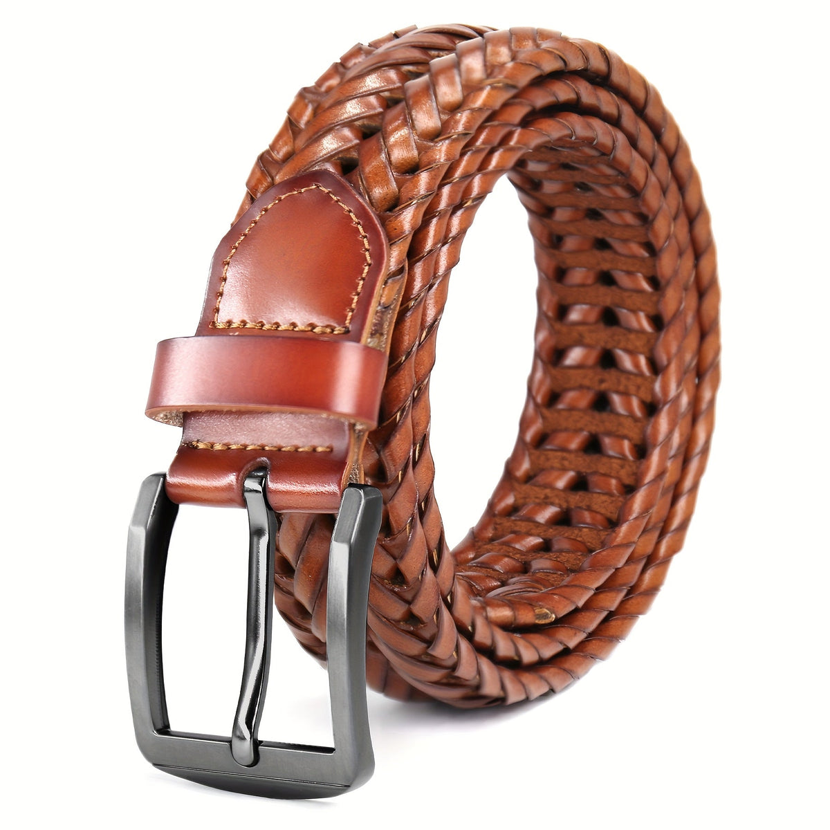 Men's Leather Braided Belt – Woven Hollow Design with Gold Zinc Alloy Buckle, Casual Dress Belt for Golf Pants Jeans Everyday Wear, Sizes 34" to 50", Great Gift for Dad