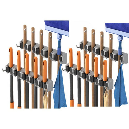 Wall-Mounted Mop and Broom Holder Organizer 5 Slots 6 Hooks Heavy-Duty Non-Slip Cleaning Tool Rack for Home Garage Kitchen Laundry Room Boat – Easy Install on Any Surface