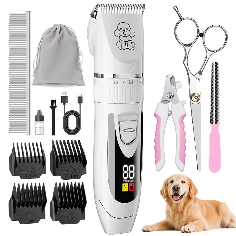 Dog Grooming Kit Wireless Low-Noise Electric Clippers – Rechargeable Lithium Battery, Thick Fur Trimmer with Scissors & Comb for Small & Large Dogs and Cats, Multiple Bundle Options