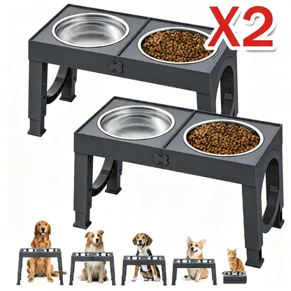 Elevated Dog Bowls Foldable Raised Feeder Stand – 2 Stainless Steel Bowls, Adjustable 5 Heights, Non-Slip, Portable Dog Food Water Bowl for Small Medium Large Dogs & Cats, 2-Pack
