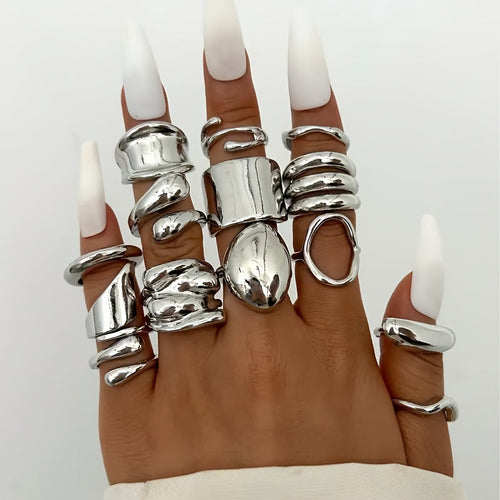 Irregular Geometric Wide Band Rings for Women – Boho Stackable Statement Silver Ring Set, Elegant Party Daily Wear Holiday Gift