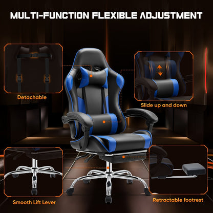 Ergonomic Gaming Chair with Footrest & Lumbar Support – Racing Style Esports Computer Chair, Fixed Armrests, Adjustable Recliner, Home Office Desk Chair for Adults