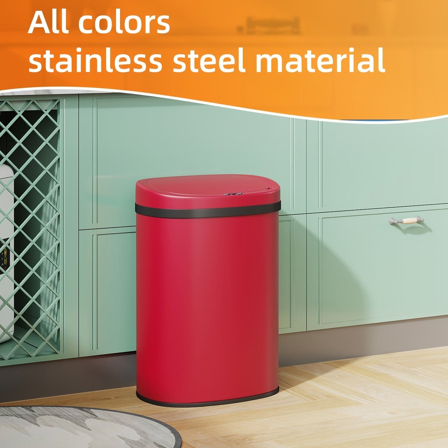 13 Gallon Touchless Trash Can 50L Automatic Motion Sensor Lid | Stainless Steel & Plastic Kitchen Waste Bin | Soft Close Hands-Free Garbage Can | Kitchen Office Bedroom | Black White Red Pink