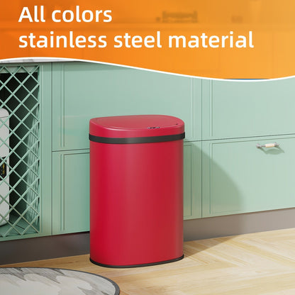 13 Gallon Touchless Trash Can 50L Automatic Motion Sensor Lid | Stainless Steel & Plastic Kitchen Waste Bin | Soft Close Hands-Free Garbage Can | Kitchen Office Bedroom | Black White Red Pink