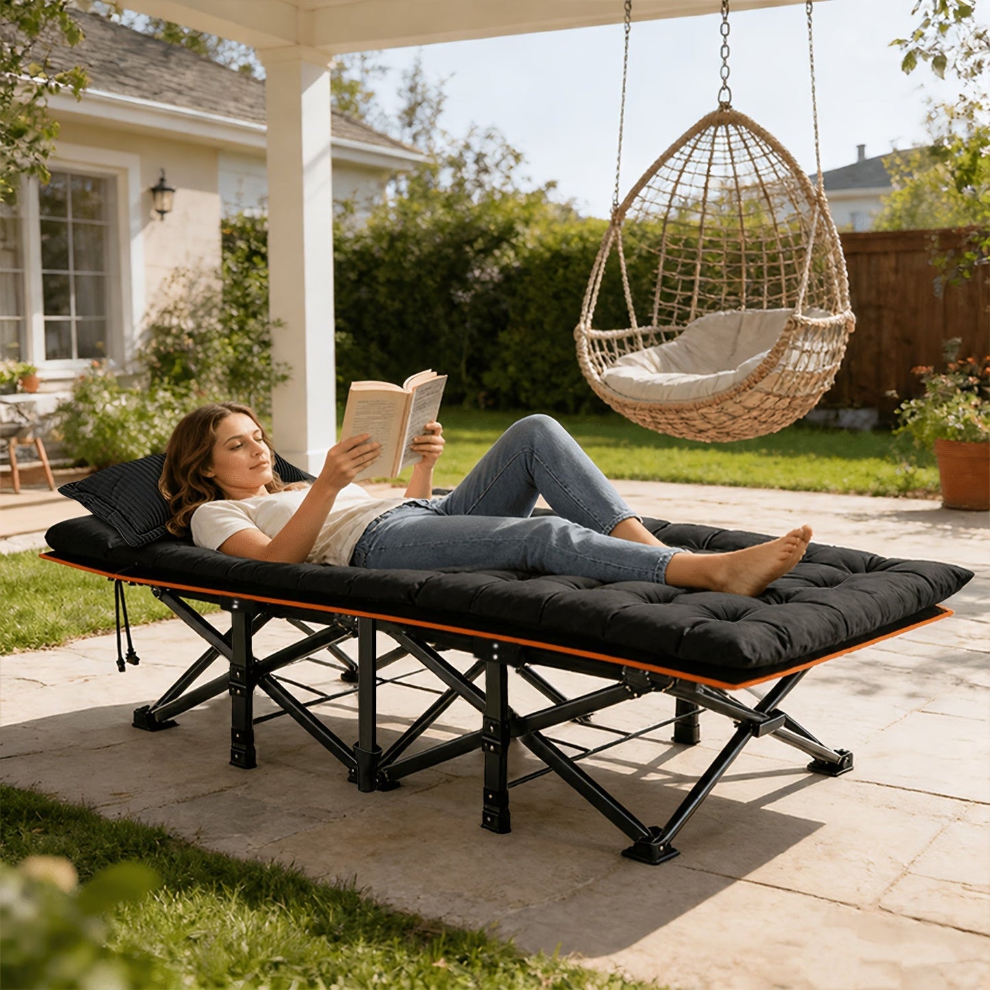 Heavy Duty Folding Bed with Optional Mattress up to 630 LBS – Portable Camping Cot with Multi-Leg Support, Side Pockets & Pillow, 59–77 Inch All Season Guest Napping Bed Space Saving
