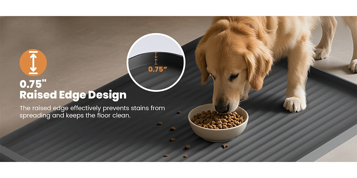Waterproof Pet Feeding Mat 36"x24" Large Non-Slip Dog & Cat Food Mat – Raised Edges, Diversion Grooves, Easy to Clean, Dog Bowl Mat for Food & Water, Grey