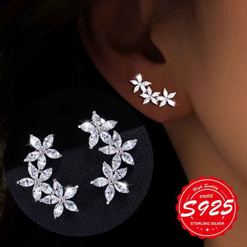 S925 Sterling Silver Five-Petal Flower Earrings for Women – Shiny Elegant Hypoallergenic Stud Earrings, Unique Floral Design for Daily Wear, Birthday & Gift for Ladies (4.65g)