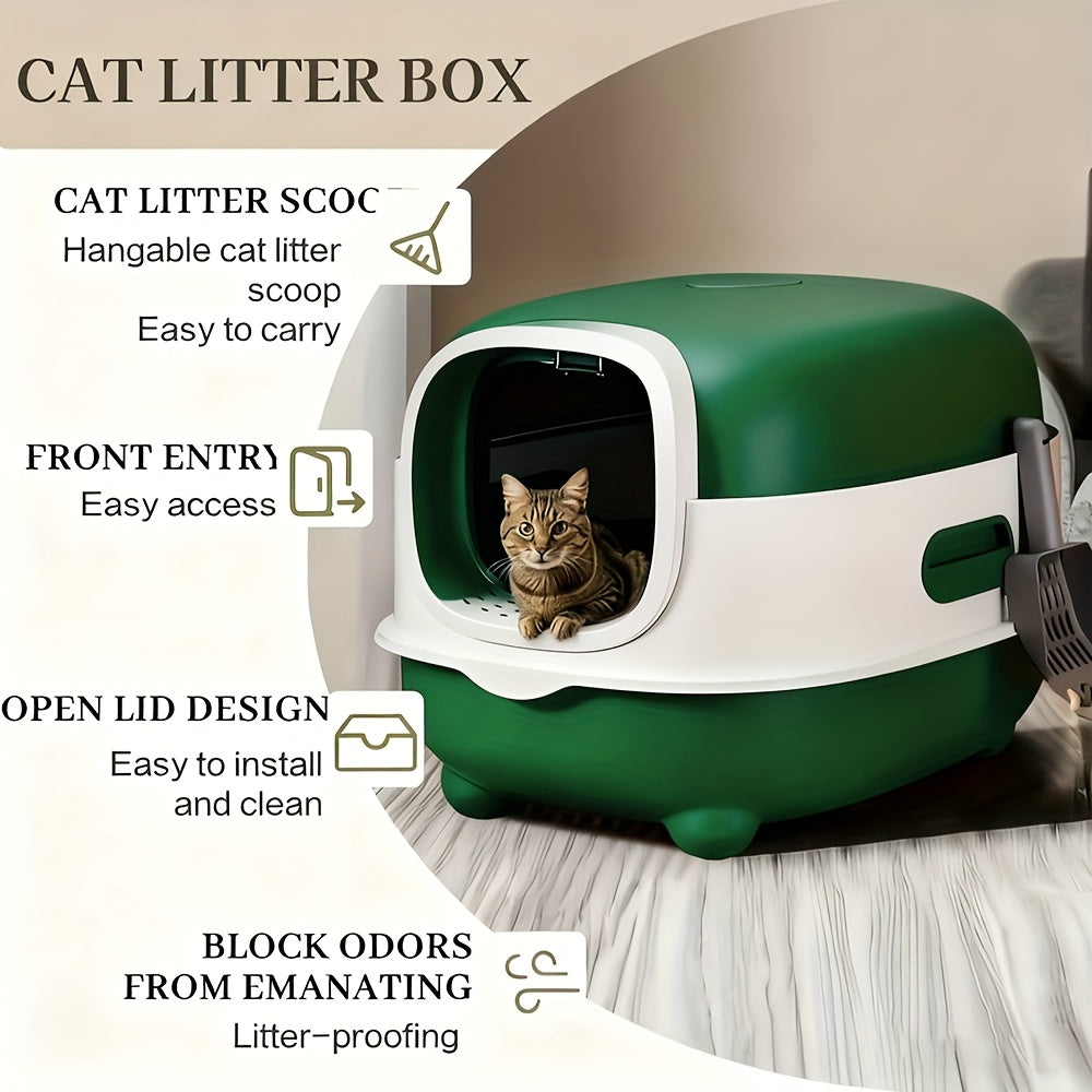 Covered Cat Litter Box with Scoop – Spacious Fully Enclosed Spill-Proof Design, Easy to Clean & Store, Ideal for Small to Medium Cats, Available in Gray Purple & Blue
